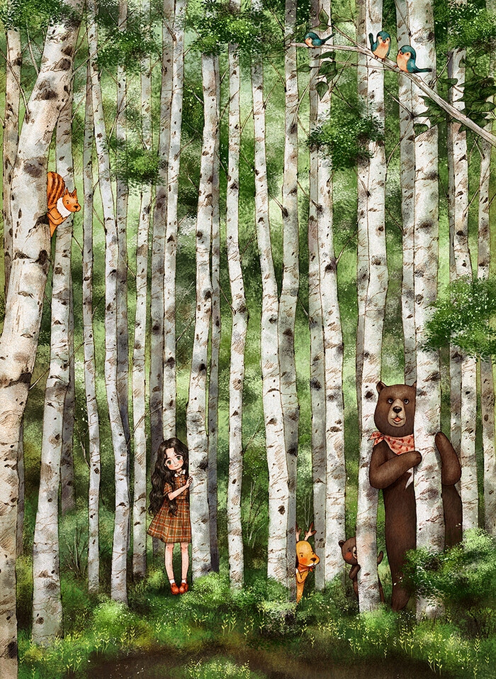 我在哪里呢？找找看 ~ 来自韩国插画家Aeppol 的「森林女孩日记-2016」系列插画。