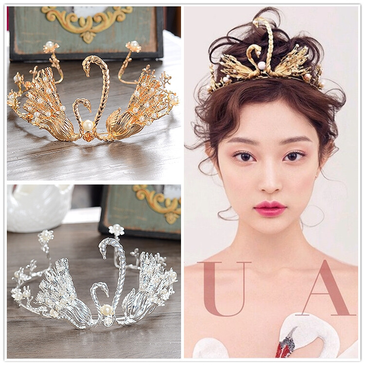 复古双天鹅皇冠珍珠发箍新娘发饰婚纱配饰品巴洛克金色皇冠头饰