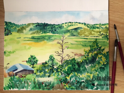 香格里拉的小屋 水彩画