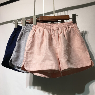 酷酷啦纯色双口袋休闲裤女夏学生韩版宽松显瘦松紧腰百搭阔腿短裤