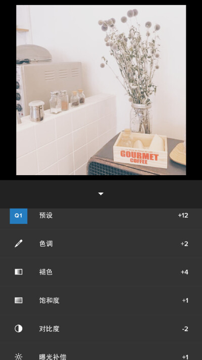 朦胧淡粉VSCO调色步骤： ☞ 滤镜Q1+12 ☞ 色调+2 ☞ 褪色+4 ☞ 饱和度+1 ☞ 对比度-2 ☞ 曝光补偿+1