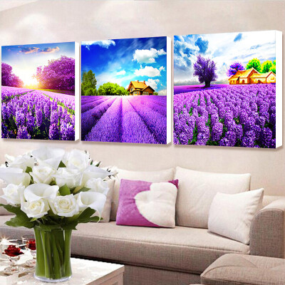 新款5D薰衣草钻石画满钻客厅风景三联画卧室点钻十字绣花卉贴钻画