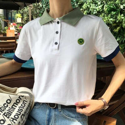 夏装韩国原宿风撞色笑脸绣花翻领短袖t恤女学生休闲上衣polo衫潮