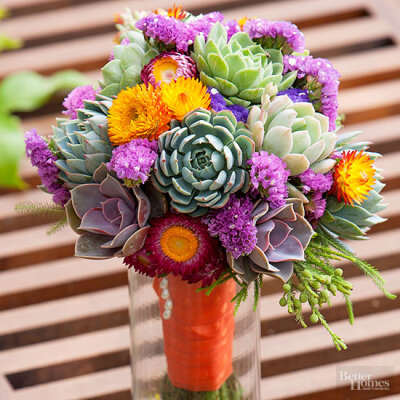 PrevNext EVERYTHING IN THIS SLIDESHOW Warm Red Tones An oversize red bouquet pops against wedding whites. Here we chose a colorful mix of celosia, zinnias, and bells of Ireland. Accent the flowers wit…