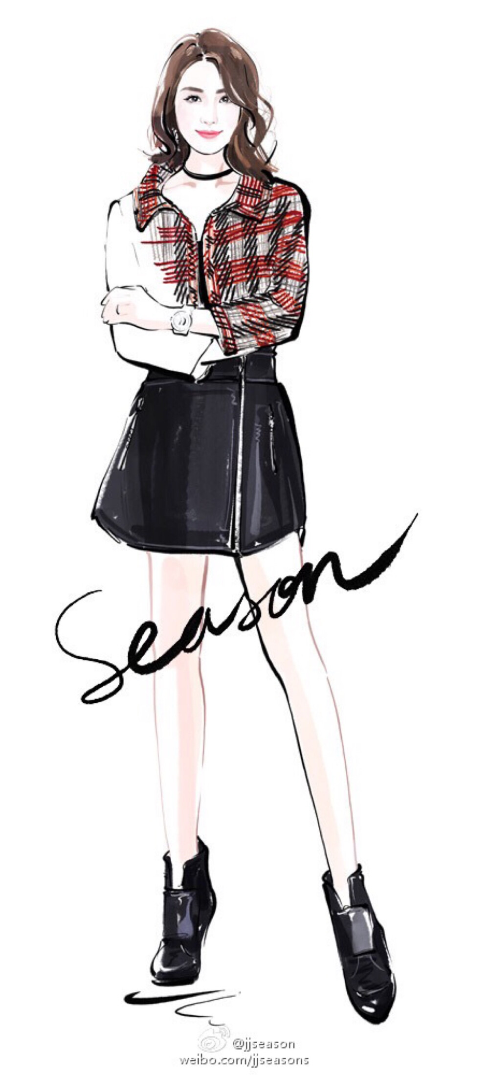 #jjseason插画# #season时尚插画# ----- @刘诗诗 身穿@香奈儿CHANEL 2016秋冬系列格子图案短外套搭配黑色小皮裙，清新小摇滚出席CHANEL全新J12XS腕表发布派对。