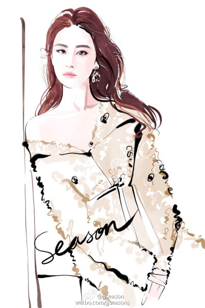 #jjseason插画# #season时尚插画# ----- @刘亦菲 身着@夏姿陈SHIATZYCHEN 2016秋冬白色手工压折亮片刺绣长大衣，纯净优雅登上@iLady优家画报 400期封面。