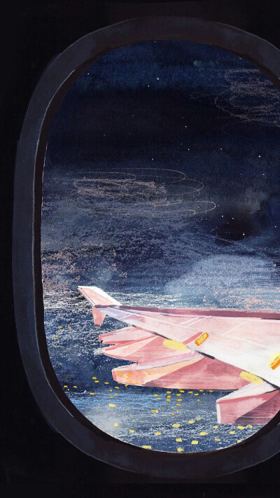 喜欢一座城 iPhone壁纸 飞机 夜空 星空 插画 水彩 少女心 粉色