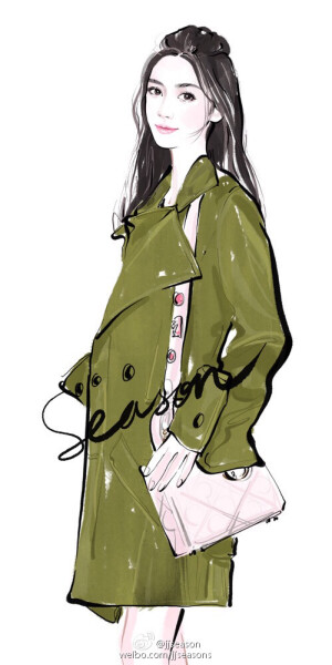 #jjseason插画# #season时尚插画# ----- @angelababy 绿色大衣柔美浪漫演绎@Dior迪奥 粉色Lady Dior Small七夕限定款手袋。