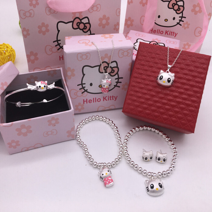 925纯银KT猫吊坠铃铛可爱卡通hello kitty凯蒂猫银饰手链项链