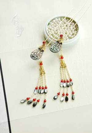 【簪花旧事】古典汉风配饰 手作【水墨江湖】曲江宴  红玛瑙黑贝珍珠流苏对钗 古典汉服配饰