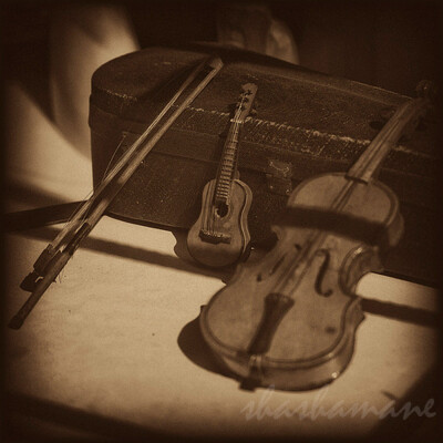 tiny violin in sepia, cello and guitar in Poland