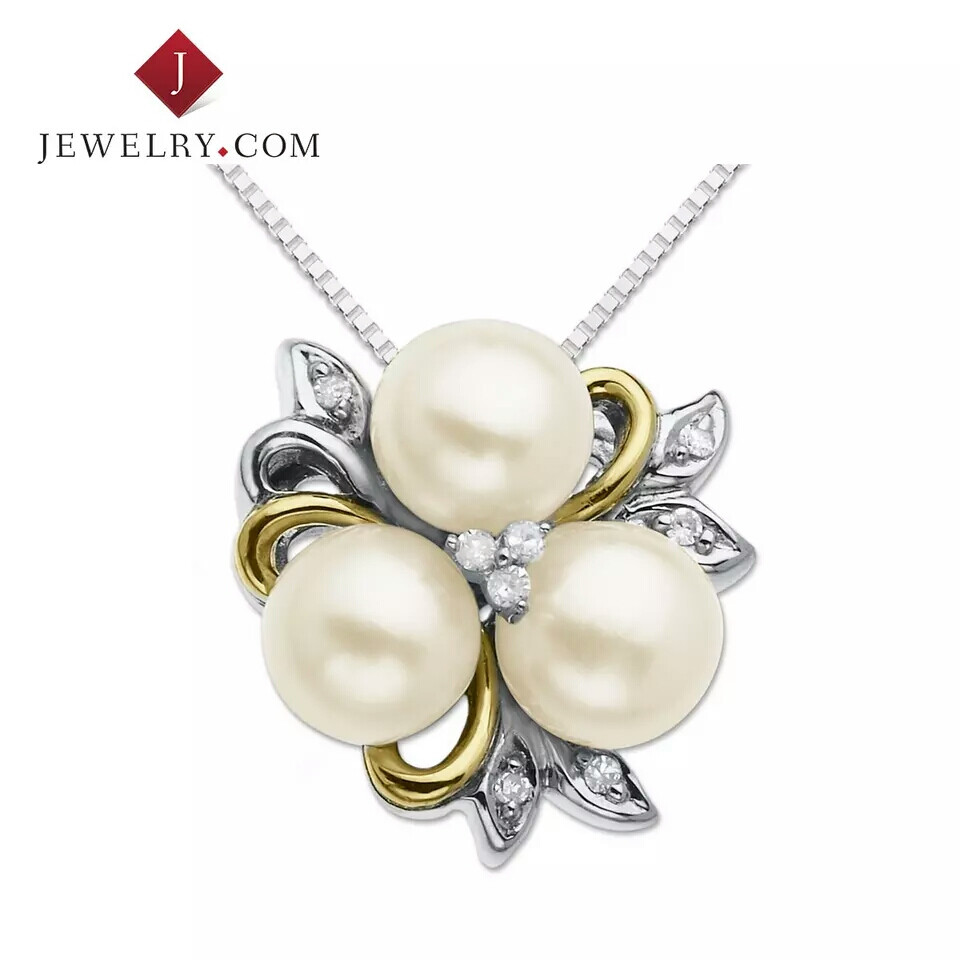 Jewelry.com 925银14K金镶珍珠钻石花形项链魅力奢华女款饰品