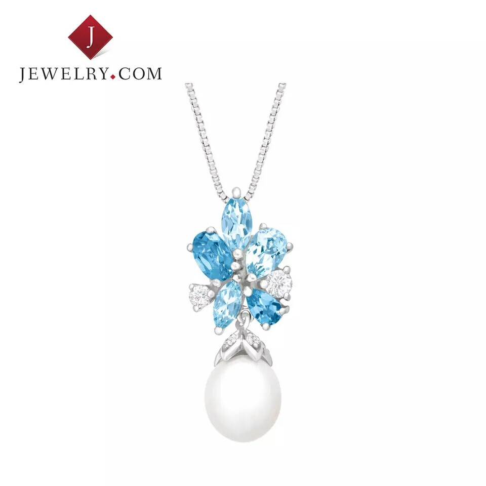 Jewelry.com 纯银10x8mm珍珠2.25克拉多色托帕石花形吊坠优雅女款