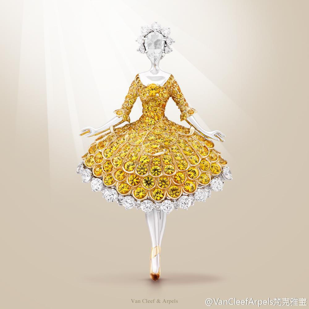 芭蕾舞伶踏着空灵的步伐缓缓走来，白金和钻石勾勒的曼妙身姿雅致天成，璀璨的黄色水晶点缀非凡的奢华和典雅。