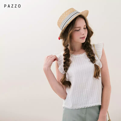 │PAZZO│SWEET P40003268 甜净荷叶袖蕾丝织纹上衣