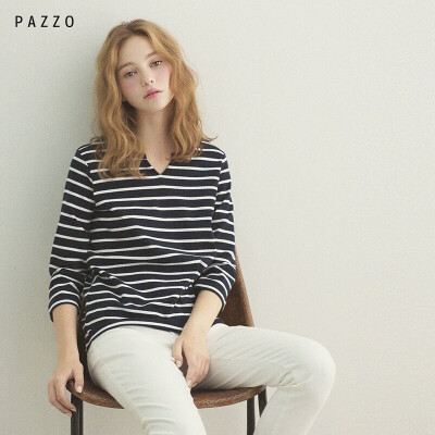 │PAZZO│SWEET P40003315 MIT BASIC 小V领条纹上衣