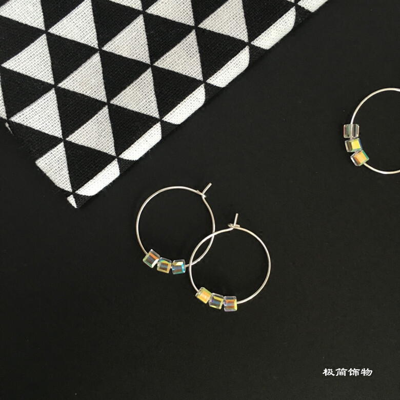 Jewelry s925纯银施华洛水晶diy耳环 极闪幻彩方糖耳圈耳饰女