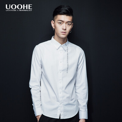 UOOHE2016欧美潮流秋季全棉修身白衬衫 潮男字母长袖衬衫