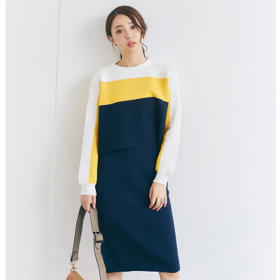 韩国时尚圆领拼色长袖打底针织套装裙修身两件套潮女显瘦秋冬新款