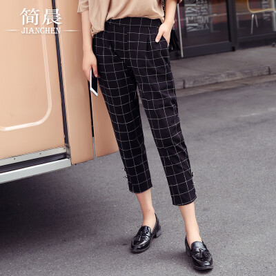 大码女装200斤胖MM秋季新款格子九分裤女松紧腰显瘦薄款胖mm9分裤