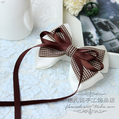 原创设计奶白色咖啡色格子英伦飘带手工蝴蝶结发饰品头发夹子包邮