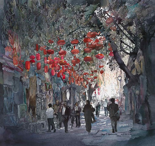 这是一位来自美国的插画师@John Salminen，他用自己擅长的水彩画表现了他眼中的中国街头风光