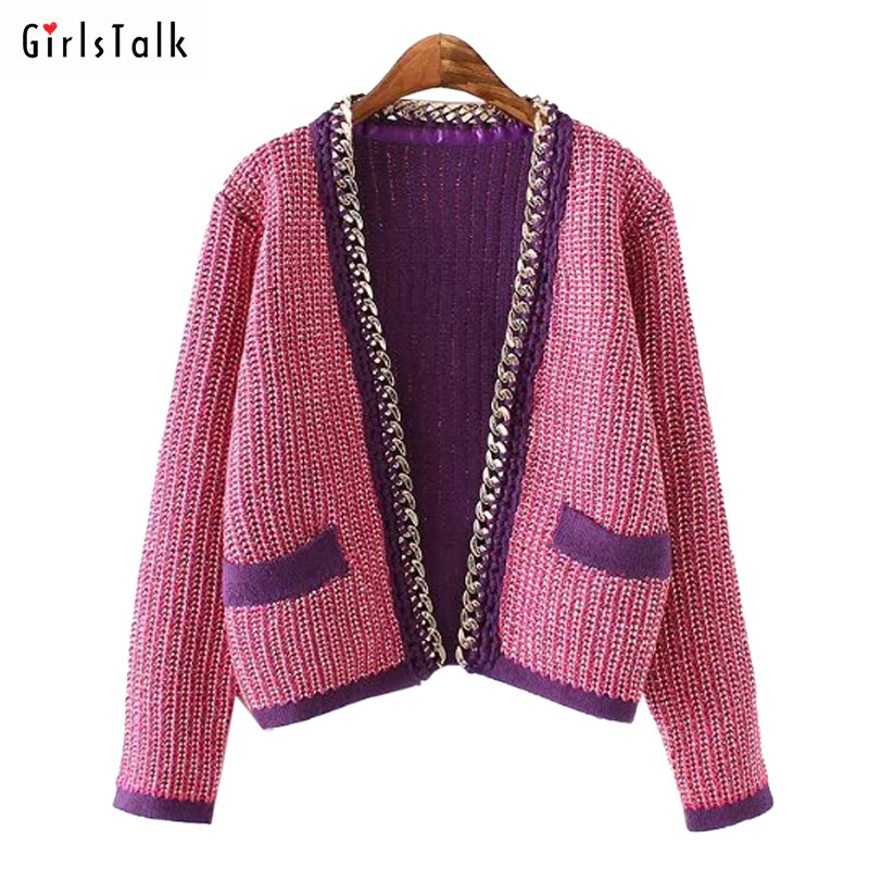 GirlsTalk 2016秋冬毛线开衫女金属链条装饰拼接长袖毛衣外套