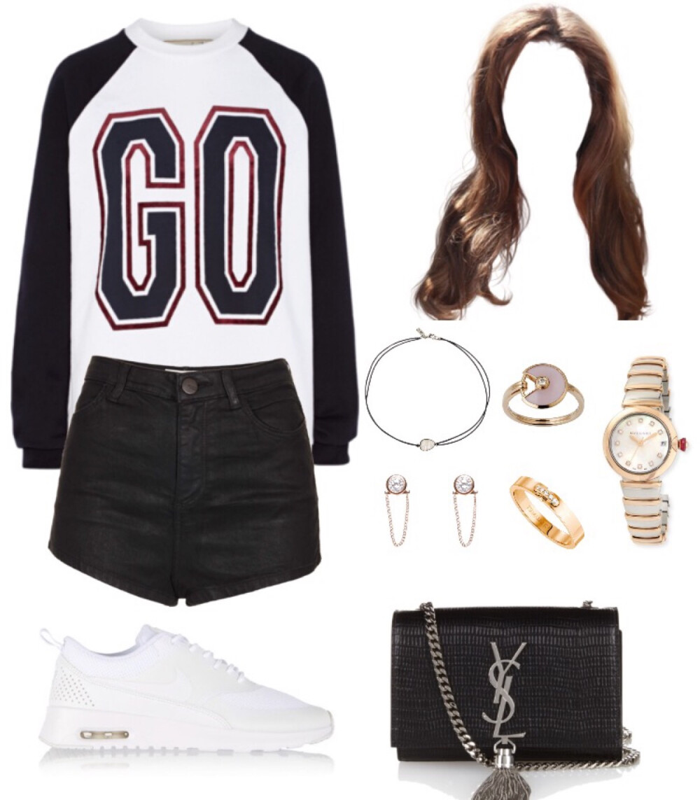 Etre Cecile sweatshirt、Topshop shorts、Nike air sneaker、Saint Laurent bag、Bvlgari watch、Cartier ring、Chaumet band ring