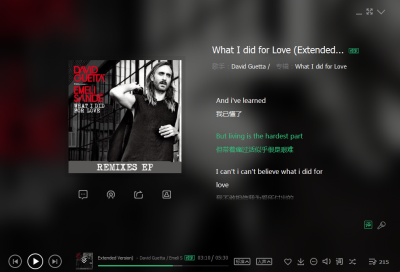 最近有点懒 就这样介绍吧=L=《what I did for love》（extended version）歌手：David Guetta 所属专辑：what I did for love 个人比较喜欢这个版本的 原版开头较为舒缓一些