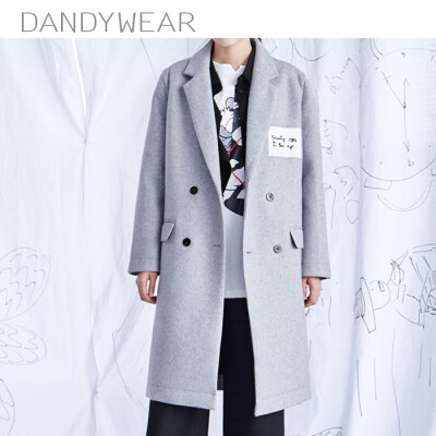 【DANDYWEAR】(欧美高街 帅气BF风) 刺绣拼贴宽松中长款羊毛呢大衣外套