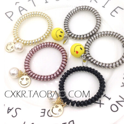 韩版电话线金属笑脸发绳饰品橡皮筋头绳韩国扎头发小发圈头饰手链