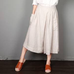 馨桔文艺棉麻松紧腰 宽松休闲多口袋不规则九分裤阔腿裤裙裤纯色