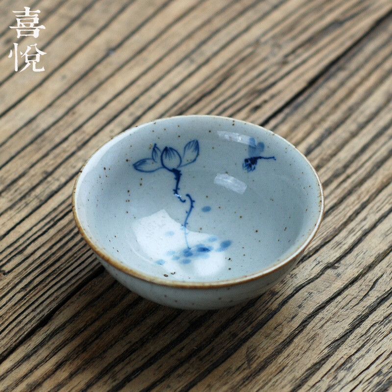 喜悦茶盘 手绘品茗杯 青花陶瓷杯子 功夫茶具 戏莲