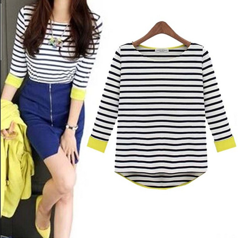 【天天特价】秋季新款针织打底衫 欧美大码条纹女装七分袖上衣t恤