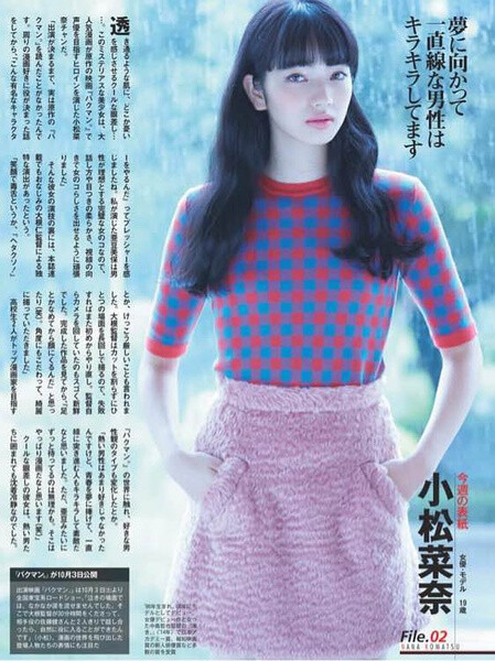 小松菜奈1996年2月16日出生于东京都，日本影视女演员、平面模特 。
2010年，14岁的小松菜奈以模特身份出道；同年，小松菜奈出演个人首部电影作品《肥皂泡》。此后两年，小松菜奈主要担任平面模特。2014年，小松菜奈凭借爱情片《近距离恋爱》崭露头角；同年，小松菜奈还主演了青春片《食梦者》。2015年，小松菜奈凭借悬疑片《渴望》获得每日映画评选会最佳新人奖和日本电影学院奖最佳新演员奖 。2016年，2月2日电影《我才不会对黑崎君说的话言听计从》完成饰演女一号赤羽由宇 ；主演由同名漫画改编的青春恋爱电影《溺水小刀》秋季上映；主演根据人气小说改编的电影《明日的我与昨日的你约会》。