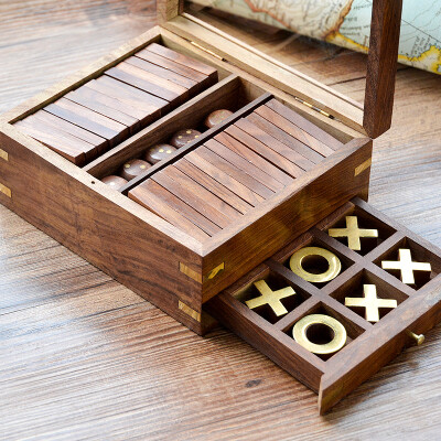 印度进口复古怀旧黄铜木质三合一游戏盒礼盒桌面游戏宾果卡牌礼物