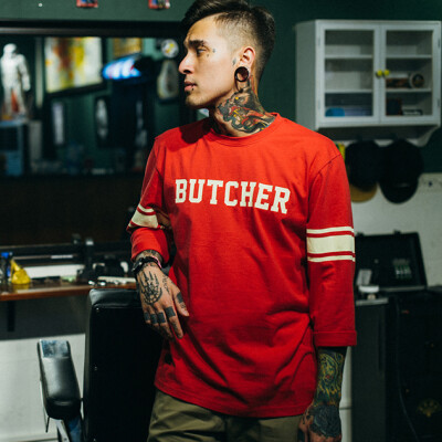 双头燕EKHLAS 16S/S "BUTCHER" 复古 裂纹浆 七分袖 TEE T恤 红色