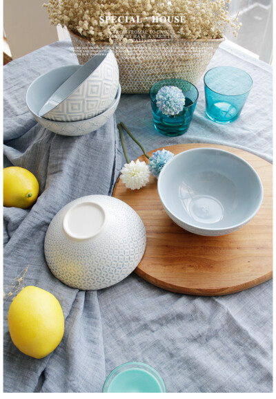 餐具套装陶瓷 创意简约蓝色几何人生浮雕面碗沙拉碗水果碗微波炉