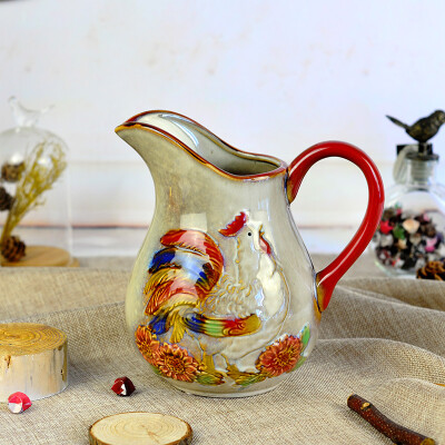  花瓶陶瓷美式乡村客厅复古窑变瓶装饰瓶花插单耳壶形瓶