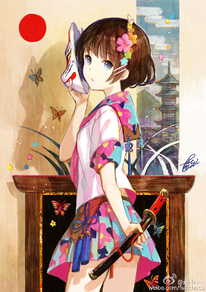 ライブペイントのお仕事で描いたイラストです。狐面が好きです！