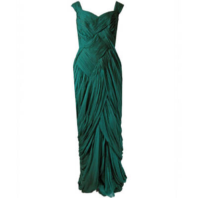  Jean Dessès高定晚装，1954，海绿色丝绸，大量细褶衣片像编篮子一样呈方格状交错在身前，最后从裙摆如水流般落下。Jean Dessès沉迷于古希腊与古埃及风格的优雅褶裙，他用真丝薄绸制作的礼服有极强的流动感与垂坠感