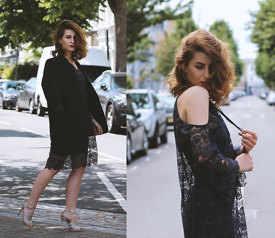 Denisia A. - Body Frock Navy Lace Dress, Vintage Black Masculine Blazer, Little Mistress Silver Sandals - Summer lace