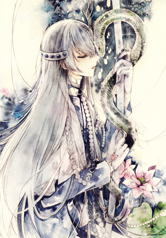 （数珠丸 恒次）#加州清光##大和守安定#小狐丸##莺丸#今剑#狮子王#江雪左文子#三日月宗近#鹤丸国永#一期一振#萤丸美少年 帅气 男头 插画 壁纸 背景 冷色 壁纸 二次元 高清 动漫头像 蛇 头饰 妖孽 【刀剑乱舞】绝美 水墨画 中式 荷花 长发美人 闭眼 （我叫數珠丸恒次。在人的價值觀經歷多次改變的漫長時間裡，尋找著佛道為何物而來到這裏。）（這個世界充滿著痛苦，把痛苦緩和的是信仰，亦是僧人的職責。）