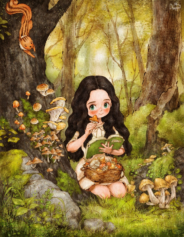 버섯 채집 (Collecting mushrooms)采集蘑菇
먹을 수 있는 버섯은 무엇일까, 도감을 보고 꼼꼼히 골라요.
Let's look through the plant book to see which mushroom is edible.让我们通过植物书看看哪种蘑菇是可以食用的。