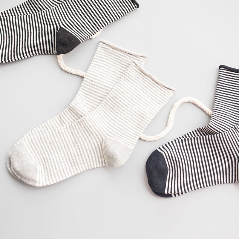 步履不停原创秋卷边条纹堆堆袜 79004