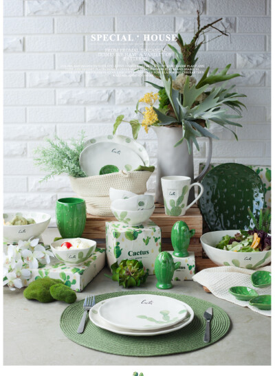 简约小清新餐具套装 韩式仙人掌图案家用碗具时尚白绿创意礼品
