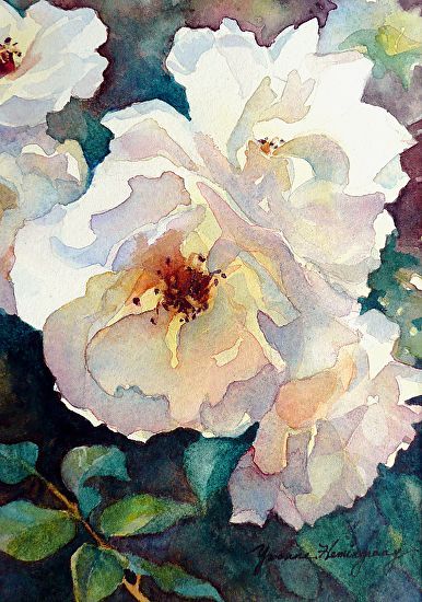 White Roses by Yvonne Hemingway Watercolor ~ 10" x 8":