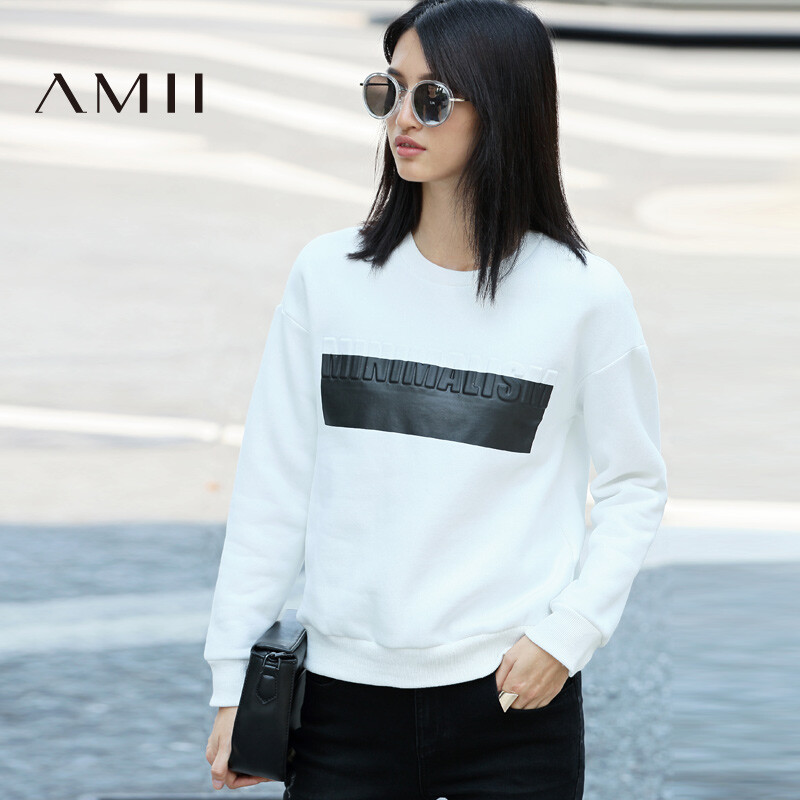 Amii极简主义2016秋冬欧美圆领宽松字母运动套头卫衣女