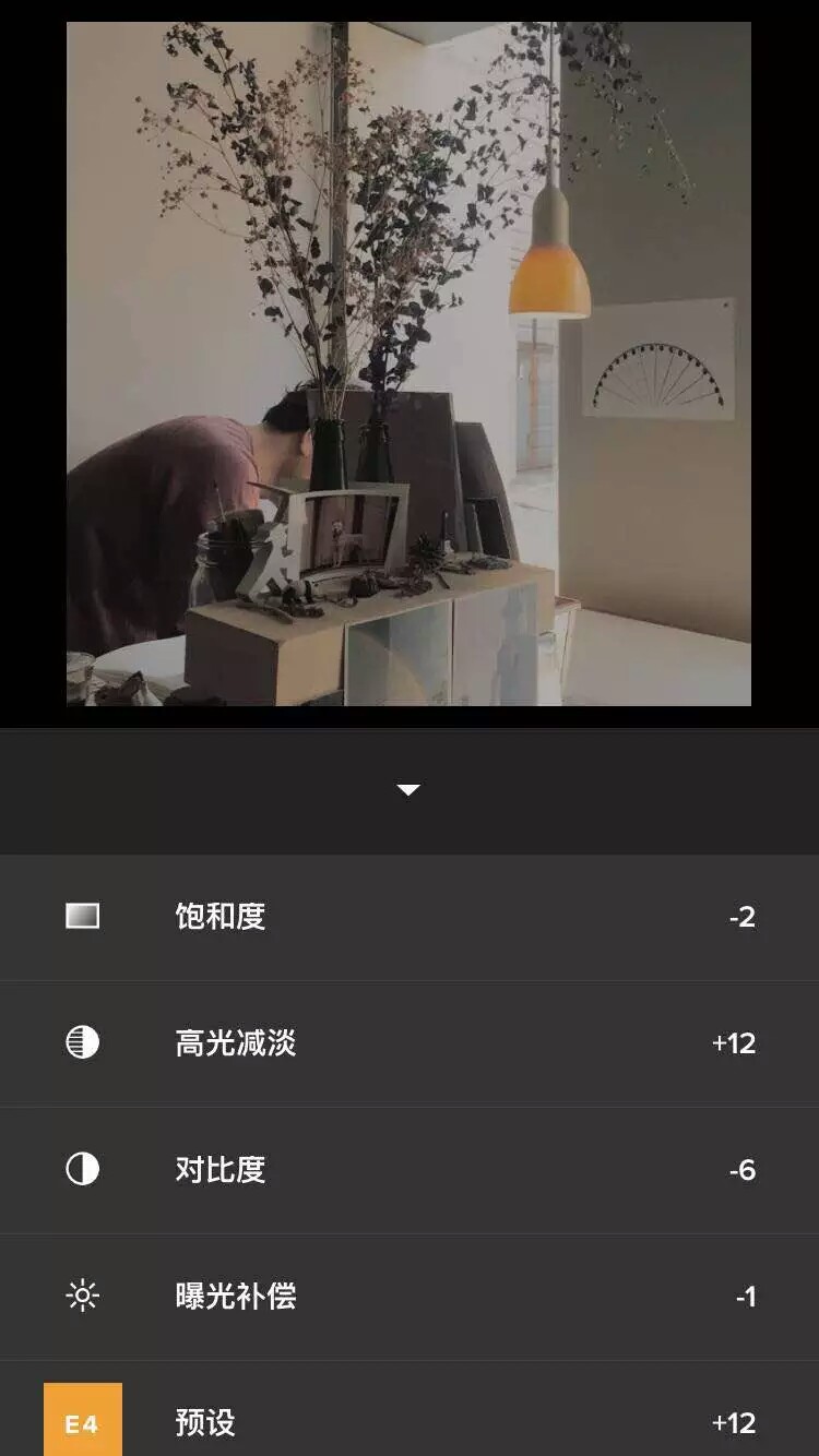 VSCO 静物调色步骤：滤镜E4+12曝光补偿-1对比度-6高光减淡+12饱和度-2学走点赞✌