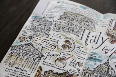 ©Abbey Sy 菲律宾的插画达人，这是她的欧洲旅行手帐啦，字体和插画都很有味道。